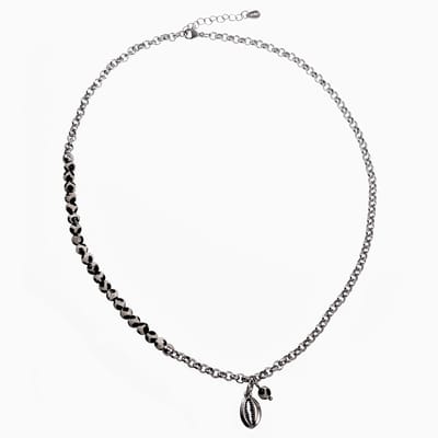 60cm Ketting Dames - Roestvrij Staal - Ronde Schakelketting met Tibetaanse onyx kralen - Schelphanger