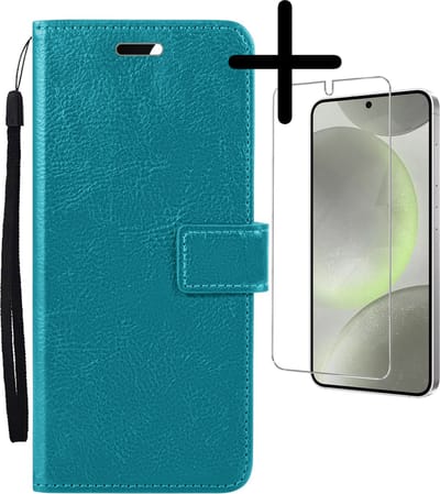 Hoesje Met Screenprotector - Geschikt voor Samsung Galaxy S24 Plus - Luxe Pasjeshouder - Bookcase Portemonee - Flip Case - Kunstleer Book Case - Flipcase - Book Cover - Walletcase - Portemonneehoes - Turquoise