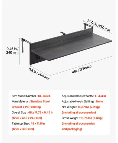 CreateEcom balkontafel - balkontafel hangend - terras tafel - balkontafel voor leuning - geschikt voor verschillende regelingen - 122 x 45 x 24 cm - zwart