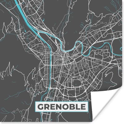 Poster Grenoble - Frankrijk - Plattegrond - Kaart - Stadskaart - 100x100 cm XXL