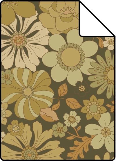 Proefstaal ESTAhome behang retro bloemen olijfgroen - 26.5 x 21 cm - 130967-S