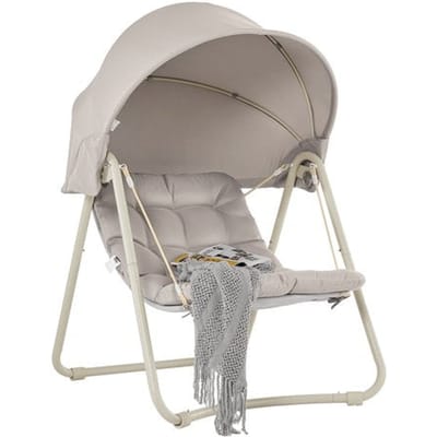 SoBuy OGS62-MI Schommelstoel met verstelbare parasol - Voor Binnen en Buiten - hangmat en Tuinstoel voor buiten - beige, 108 x 126 x 163 cm
