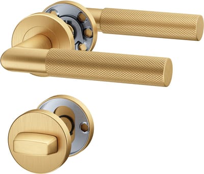 Mat Gouden Deurbeslag BAUHAUS, Deurbeslag set Binnendeur, Deurklink Set, Deurklink met ronde rozet, met WC-rozet/badkamer, PVD Mat Goud, Deurkruk, Incl. Bevestigingsmateriaal - Terugslagveer