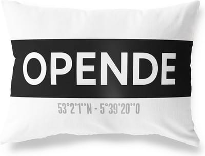 Tuinkussen OPENDE - GRONINGEN met coördinaten - Buitenkussen - Bootkussen - Weerbestendig - Jouw Plaats - Studio216 - Modern - Zwart-Wit - 50x30cm