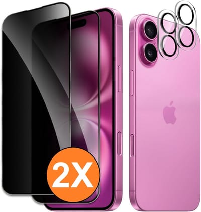 Privacy screenprotector Geschikt voor iPhone 16 Plus screenprotector Privacy Met iPhone 16 Plus camera lens - Complete bescherming voor iPhone 16 Plus – scherm en camera in één set - 2X