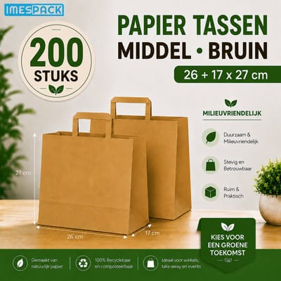 Papieren Draagtas Bruin - 26+17x27 cm - Middel - 200 Stuks - kraft - IMES PACK
