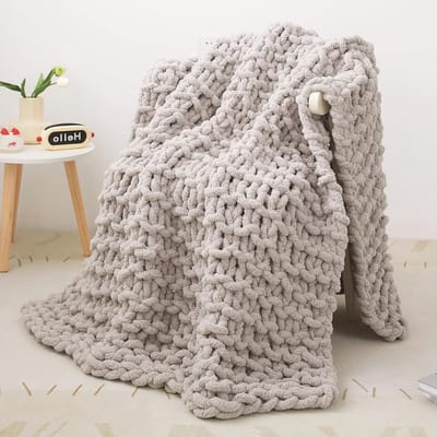 Grofgebreide Deken - Luxe 100% Handgebreid Zacht en Comfortabel Sofa Bed Stoel Deken - 100 x 127 cm - Lichtgrijs