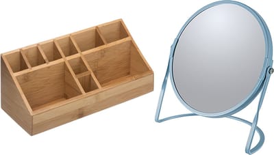 5Five Make-up organizer en spiegel set - 10x vakjes - bamboe/metaal - 5x zoom spiegel - blauw/zilver