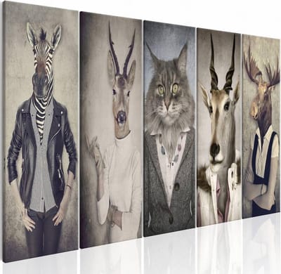 Schilderij - Dierenmasker , 5 luik , mens met dierenmasker