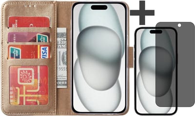 Hoesje met Privacy Screenprotector Geschikt voor iPhone 15 – Arara bookcase met pasjeshouder - Goud