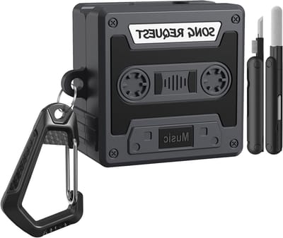 Zachte siliconen beschermhoes voor Galaxy Buds 4 en Buds 4 Pro met cassette tape ontwerp, schokbestendig, inclusief sleutelhanger en reinigingskit, zwart