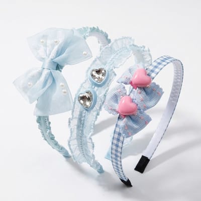 Set van 3 blauwe haarbanden met strik, hartjes en kristallen – meisjes diadeem set – schattige haaraccessoires met parels en lintdetails