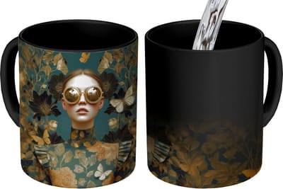 Magische Mok - Foto op Warmte Mokken - Koffiemok - Vrouw - Bladeren - Goud - Vlinders - Magic Mok - Beker - 350 ML - Theemok