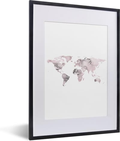 Poster in lijst - Fotolijst 30x40 cm - Posters - Wereldkaart - Roze - Grijs - Verf - Posterlijst zwart - Decoratie - Wanddecoratie woonkamer - Muurdecoratie slaapkamer