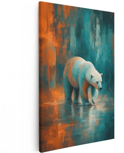 Artaza Canvas Schilderij IJsbeer Op IJs - Abstracte Dierenkunst In Turquoise En Oranje - 60x90 cm - Wanddecoratie Woonkamer - Schilderijen - Muurdecoratie