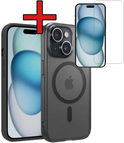 Hoesje - Met Screenprotector - Geschikt voor Apple iPhone 15 - Magsafe Compatible - Sterk & Shockproof - Shock Proof Case - Back Cover - Telefoon Hoes - Telefoonhoes - Zwart