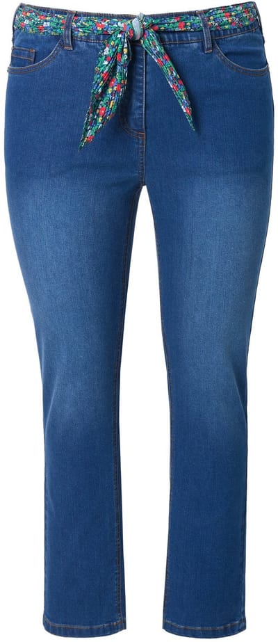 Ulla Popken - Dames - Jeans Sarah sjaalceintuur verkort smalle pijpen - Blauw denim - Maat 42