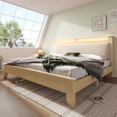 Houten Bed - Bedframe met Opbergruimte - Slaapkamer Inrichting - Hoofdeinde met LED - 140x200cm - Eiken Beige