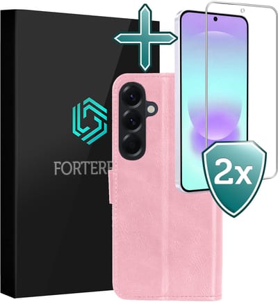 Hoesje Met 2x Screenprotector - Geschikt voor Samsung Galaxy A37 - Luxe Pasjeshouder - Flip Case - Bookcase Portemonee - Kunstleer Book Case - Flipcase Hoes - Book Cover - Walletcase - Portemonneehoes - Lichtroze