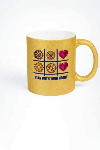 Gouden Glitter Mok 'Play With Your Heart' - Tic Tac Toe Design met Harten & Tandwielen
