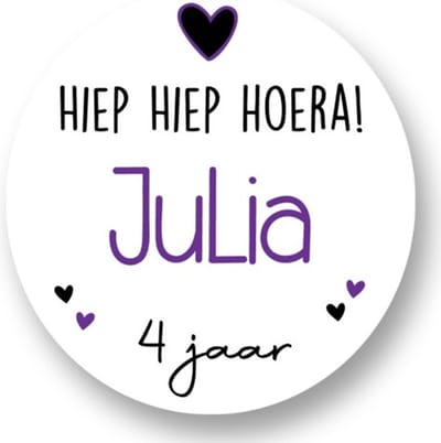 20x Hiep Hiep Hoera stickers met naam - Verjaardag stickers - Meiden - Hartjes - Paars - Gepersonaliseerd - Sluitstickers - Kinderfeest Traktatie - Uitdelen - Uitdeeltraktatie - Wensetiket - Rond - 40mm - Glossy sticker