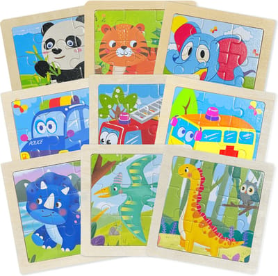 Kinderpuzzel Hout - Puzzel 9 stukjes - 9 puzzels - Puzzel voor peuter - Houten Puzzel - Dieren - Auto - Dinosaurus - Kinderspeelgoed - Uitdeelcadeaus - Cadeau - Jongen - Meisje - Speelgoed - 1 jaar - 2 jaar - 3 jaar - Kleuter - Dreumes