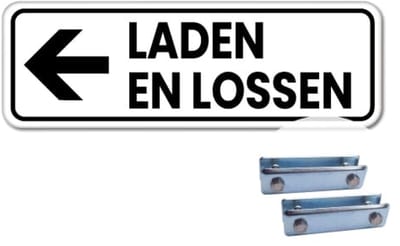 Bord laden en lossen pijl links - Weerbestendig Aluminium - 40x15 cm - Bevestiging: Met hekbeugels (voor spijlen- of gaashek)