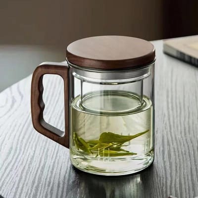 400ml Walnoot Houten Handvat Glazen Theekop Met Thee-infuser Filter Bloemthee Water Scheiding Geurige Thee Mok Drinkgerei 400ml gray