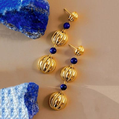 Hoge Kwaliteit Lange Oorbellen Rond Oude Gouden Ambachtelijke Retro Lapis Lazuli Oorbellen voor Vrouwen Mode Overdreven Bruiloft Sieraden brown