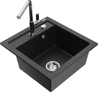 Mexen Vito granieten gootsteen met 1 bak en Flora keukenkraan, zwart/goud metallic - 6503-75-670401-00