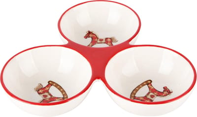 Dekoratief | Trio bowls m/schommelpaardje, wit/rood, dolomiet, 20x19x7cm | A245978
