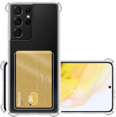 Hoesje - Geschikt voor Samsung Galaxy S21 Ultra - Met Pashouder en Kaarthouder - Telefoon Hoes Shockproof - Siliconen Case - Back Cover - Shock Proof - Pasjes Houder - Transparant