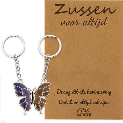 BFF Sleutelhanger voor 2 'Zussen voor altijd' - Vlinder VERANDERT VAN KLEUR - Sleutelhanger set op Cadeau Kaartje Sleutelhanger set - Zilverkleurig - Vriendschap Symbool - Pax Amare