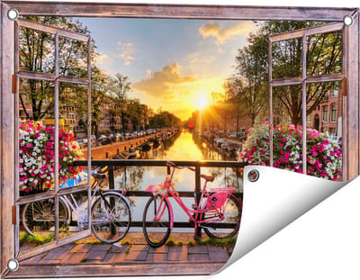 Gards Tuinposter Doorkijk Amsterdamse Brug met Zonsopgang - 60x40 cm - Tuindoek - Tuindecoratie - Wanddecoratie buiten - Tuinschilderij