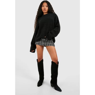 boohoo Dames Faux Suede Kniehoge Cowboy Laarzen met Hak Western Stijl | Black | Maat: 3