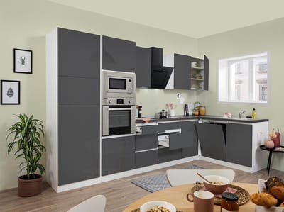 Hoekkeuken 345  cm - complete keuken met apparatuur Lorena  - Wit/Grijs - soft close - keramische kookplaat - vaatwasser - afzuigkap - oven - magnetron  - spoelbak