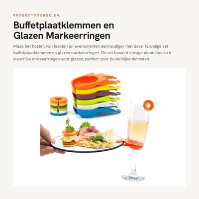Dailygoods- Buffetplaatklemmen 12-delige set - Plaathouders/ID-ringen - Feestaccessoires - Kleurige markeringen - Ideaal voor buffetten - Houdt glazen/borden stevig vast