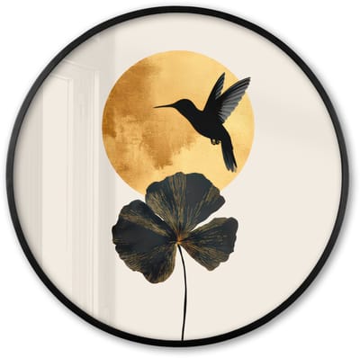 Poster in lijst Rond - Fotolijst 60x60 cm - Posters - Zwarte kolibrie - Bloem - Gouden cirkel - Ronde posterlijst zwart - Decoratie - Wanddecoratie woonkamer - Muurdecoratie slaapkamer