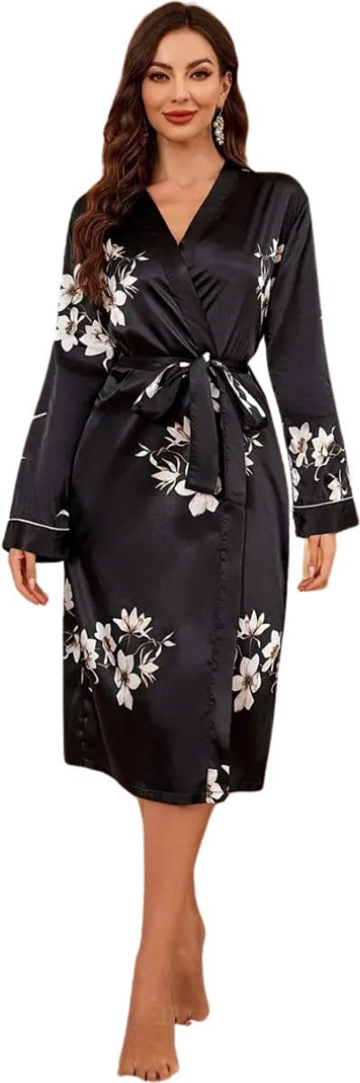 Livano Satijnen Badjas Dames - Kimono - Kamerjas - Satijn - Ochtendjas - Pyjama - Zwart - Maat XS