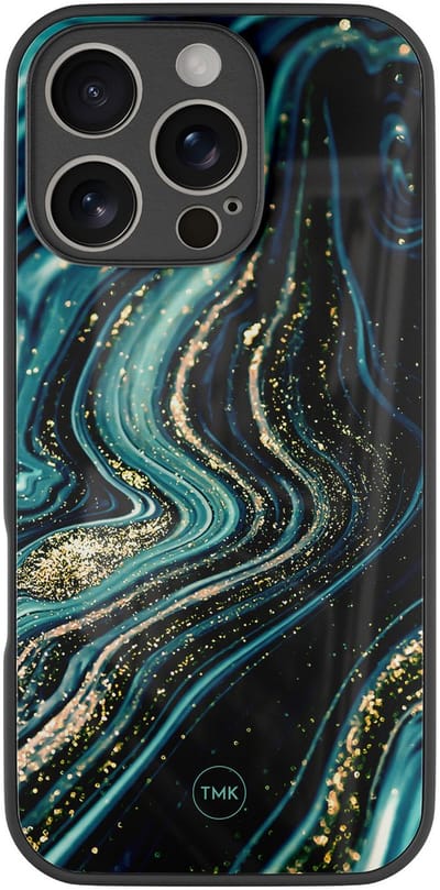 Hoesje geschikt voor Apple iPhone 16 Pro - Blue marble waves - Blauw - TPU luxe case (glossy toplaag) - Marmer - Hardcase backcover zwart