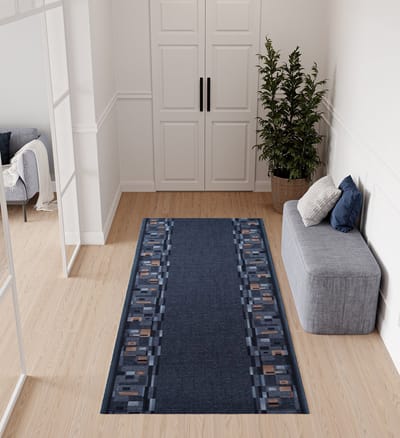 Tapiso Tapijtloper Antislip – Klassiek Geometrisch Donkerblauw – Gangloper Keukenloper Rubber Onderkant op Maat- 80x250