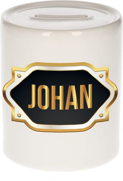 Spaarpot met voornaam Johan - wit - met goud/zwart embleem - 8 x 9 cm - keramiek - met afsluitdop - cadeau verjaardag