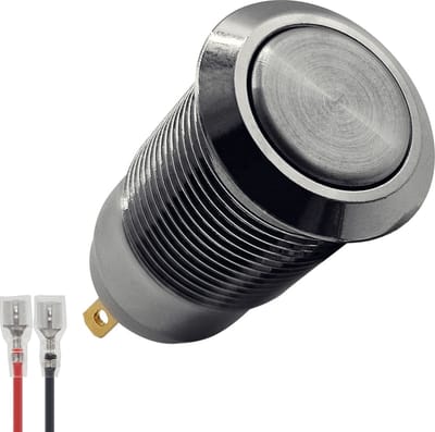 ProRide Metalen Mini Drukschakelaar 12V ON-OFF - 12mm - met Aansluitkabel - 12V/24V - Zilver - Plat