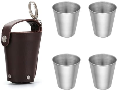 Dailygoods- Borrelglas Roestvrij Staal - 4 Stuks 70 ml - Mini-Borrelbekers - Leren Etui - Geschikt voor Dranken - Lichtgewicht en Duurzaam - Shotglas