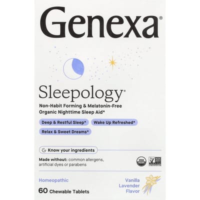 Genexa, Sleepology, Somnifère nocturne bio, vanille lavande, 60 comprimés à croquer