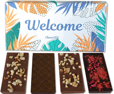 Welkom chocoladerepen - Welkom terug Chocoladecadeau - Welcome gift - Fairtrade Chocolade - Brievenbuspakket - Handgemaakte chocolade - Natuurvriendelijke geschenkdoos - Puur en Melk
