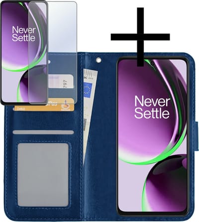 Hoesje - Met Screenprotector - Geschikt voor OnePlus Nord CE 3 Lite - Luxe Pasjeshouder - Bookcase Portemonee - Flip Case - Kunstleer Book Case - Flipcase - Book Cover - Walletcase - Portemonneehoes - Donkerblauw