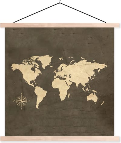 Posterhanger incl. Poster 120x120 cm - Schoolplaat - wereldkaart - Vintage - Windroos - Textielposter - Blanke latten