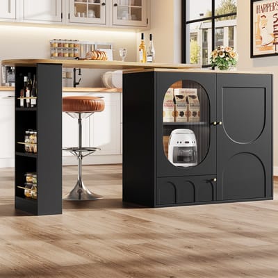 DESMIU Draaibare Barkast Met Opbergruimte En Uitschuifbaar Zijblad Voor Keuken Woonkamer En Werkkamer MDF Metaal Zwart 138x39x105 Cm