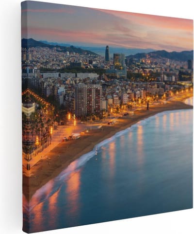 Artaza Canvas Schilderij Stad Aan Zee - 30x30 cm - Klein - Wanddecoratie Kust - Muurdecoratie Strand Barcelona - Kamer Accessoires Skyline
